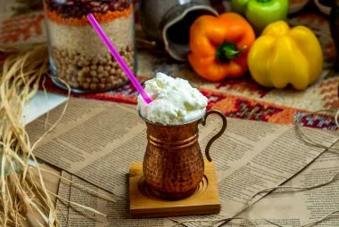 Refreshing Turkish yogurt drink Ayran served chilled