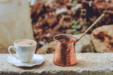 Traditional Turkish coffee served in ornate cups