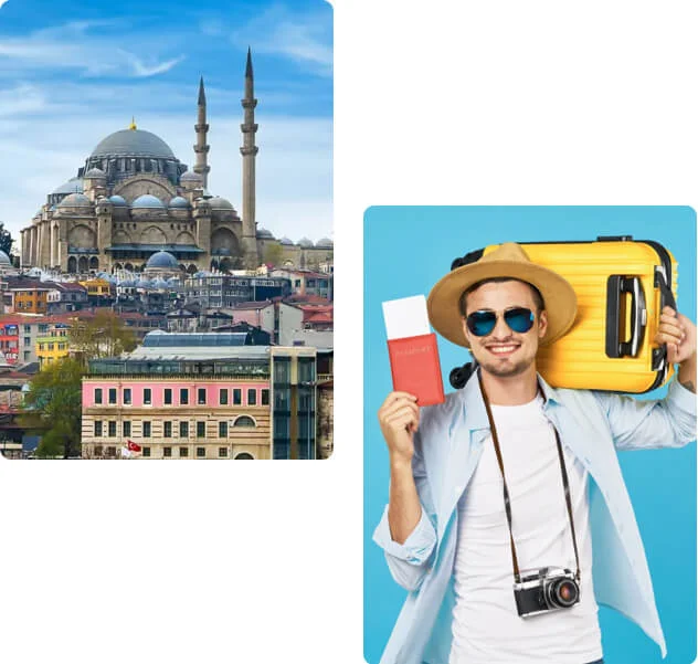 Traveler with passport and Istanbul view