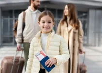 Happy family with daughter at airport