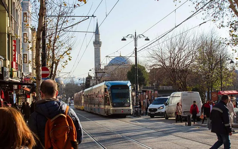 Tram in Central Istanbul with Mosque View